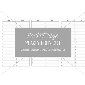 May include: A black and white printable yearly calendar in a pocket size format. The calendar is undated and has 12 months, with each month on a separate page. The text "Pocket Size Yearly Fold Out 12 Month Calendar, Undated, Printable PDF" is printed on the calendar.