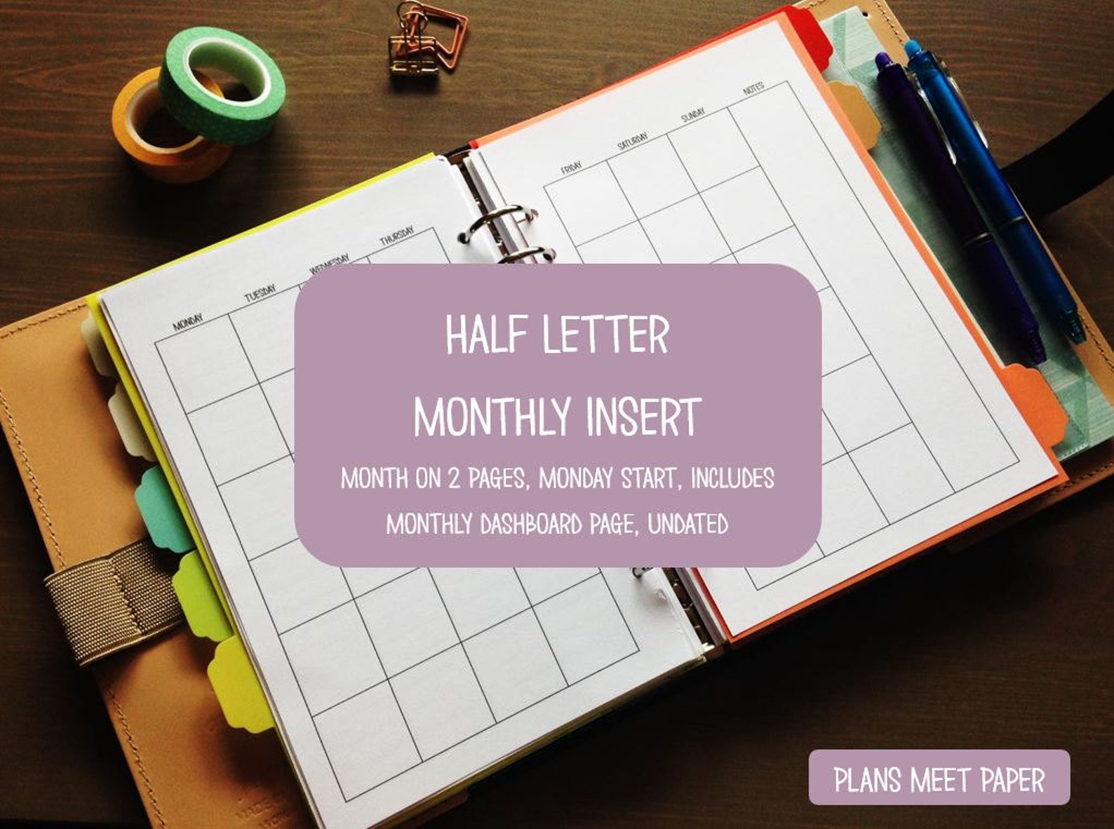 PRINTABLE Half Letter Month on Two Pages Insert, Undated, Includes ...