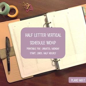 PRINTABLE Half Letter Week on 4 Pages Half Hourly Schedule Insert Monday Start (for use with WO2P Insert)