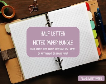 PRINTABLE Half Letter Notes Paper Bundle, Lined and Grid Paper