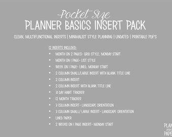 Paquete de inserciones básicas del planificador de tamaño de bolsillo IMPRIMIBLE / Inserciones limpias y multifuncionales / Planificación de estilo minimalista / Sin fecha