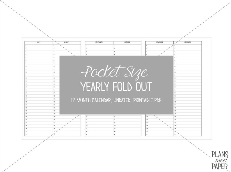 May include: A black and white printable pocket-sized yearly calendar with 12 months, undated, and the text "Pocket Size Yearly Fold Out 12 Month Calendar, Undated, Printable PDF" in the center.