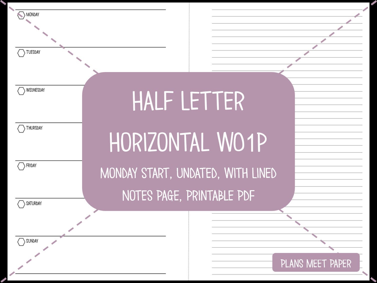 PRINTABLE Weekly Planner Insert, Half Letter Horizontal Week on 1 Page ...