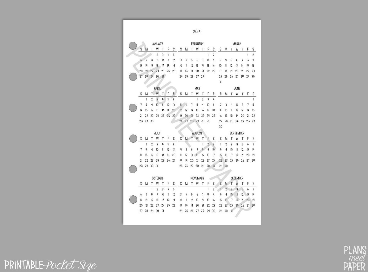 PRINTABLE Pocket Size 2019 Year at a Glance, Year on 1 Page Insert - Etsy