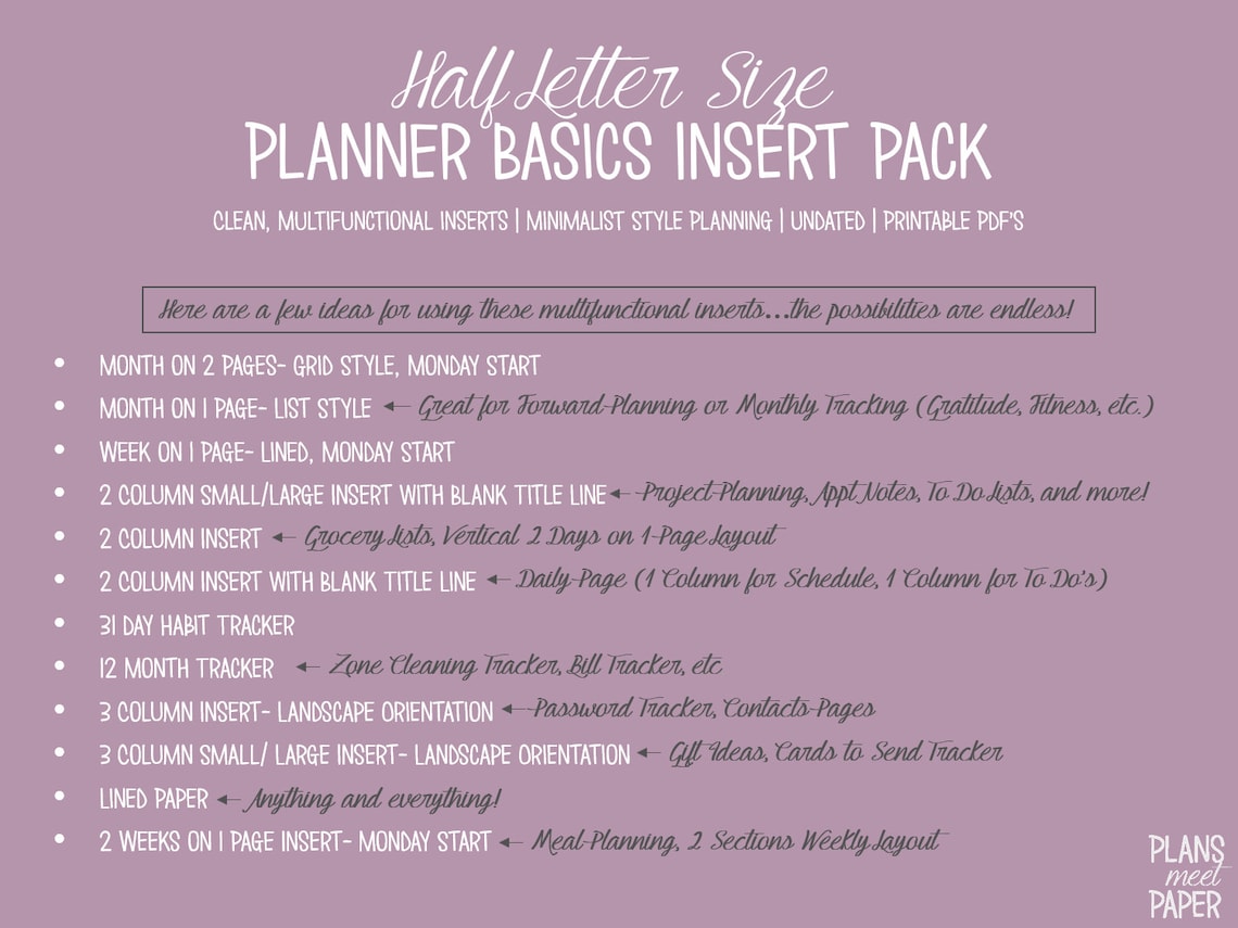PRINTABLE Half Letter Size Planner Basics Insert Pack Clean ...
