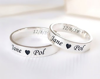 Couple Rings Set, 4mm Sterling Silver, Engraved Lover Bands, Matching Rings for His and Her, Promise Rings, Valentine’s Day Gift