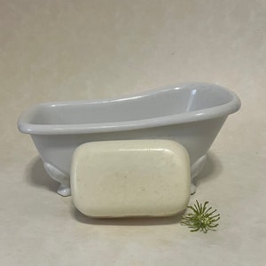 May include: A white porcelain bathtub with a white bar of soap inside. The bathtub is sitting on a white surface with a small green plant in the foreground.