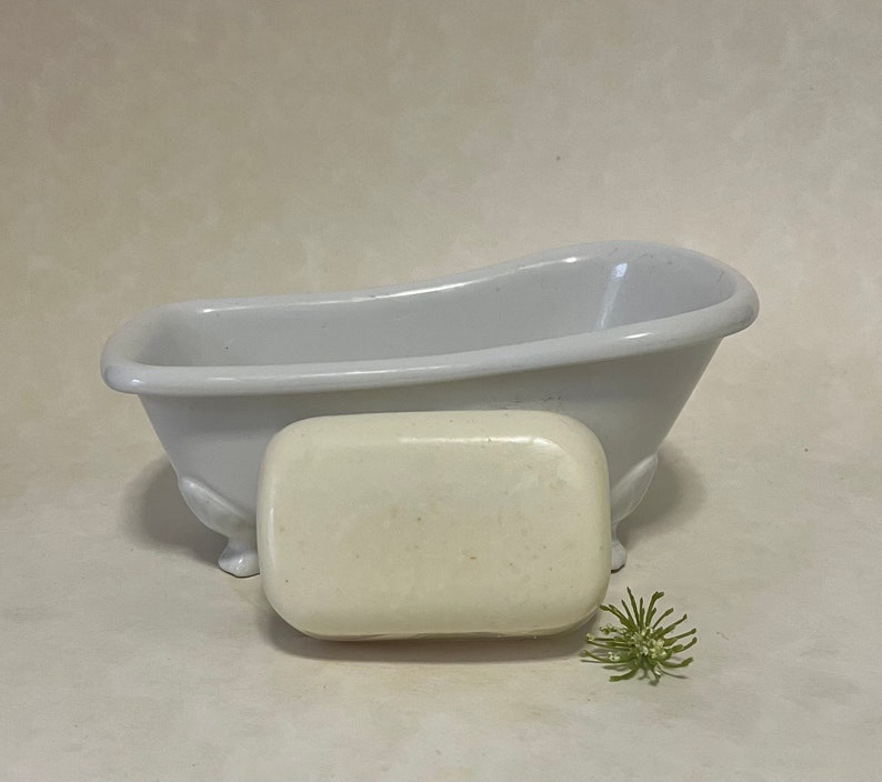 May include: A white porcelain bathtub with a white bar of soap inside. The bathtub is sitting on a white surface with a small green plant in the foreground.