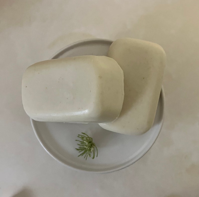 May include: Two white rectangular bars of soap on a white plate with a small green plant in the center.