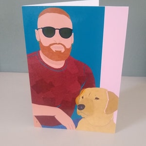 Un chien et son homme : Labrador/Carte de voeux contemporaine/Amoureux des chiens/Pique/Mignon/Homme roux/Sport/Macho