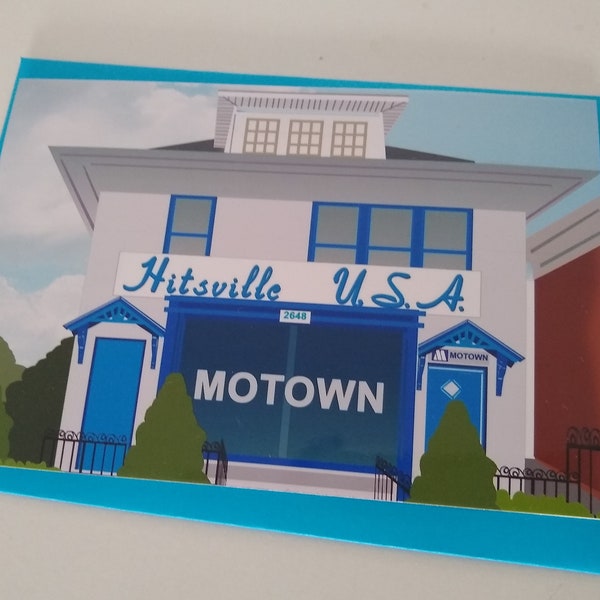 Motown Museum: Wenskaart met grafische illustratie. Klassiek platenlabel uit Detroit/Stevie Wonder/Smokey Robinson/Diana Ross/Temptations