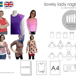 May include: A collage featuring various raglan top designs, including a purple top with lace sleeves, a pink long-sleeve top, and tops with floral and patterned designs. The text "lovely lady raglan" and size information are also present.
