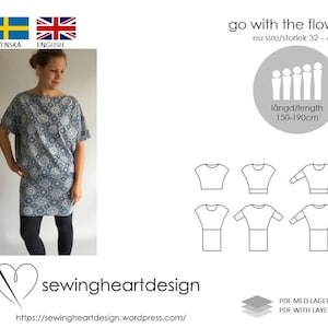 May include: A woman wearing a blue and white patterned top and skirt. The image includes sewing pattern diagrams and text that reads "go with the flow" and "sewingheartdesign". The length is 150-190cm.