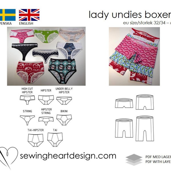 PDF pattern. Double set. Lady Undies/Boxers Lingerie. Size 32-34 - 60 (XS - 4XL)