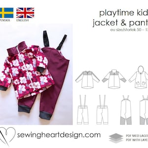 May include: A children's jacket and trousers set. The jacket is deep pink with a white floral pattern, a black collar, and a zip. The trousers are a matching deep pink with black braces. The text "playtime kids jacket & pants" is displayed.