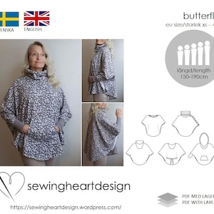 PDF-Schnittmuster. Schmetterling. Top, Strickjacke, Poncho, Cape. EU Größe XS-4XL