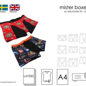 Peut inclure: Un patron de couture pour boxer, avec deux exemples du produit fini. Le patron comprend des instructions pour les tailles XS à 6XL. Le patron est disponible en format A4 et peut être imprimé sur plusieurs pages. Le patron est également disponible en couches, ce qui permet d'imprimer uniquement la taille souhaitée.