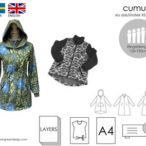 PDF woman sewing pattern. Cumulus raincoat, coat, jacket, parkas. Size XS - 4XL. Easy sew. Projector PDF. Length adjustment. Plus size.