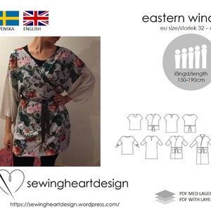 May include: A floral print wrap top with wide sleeves and a matching belt. The top features a light background with pink and green floral patterns. The image also includes the text "eastern wind" and size information.