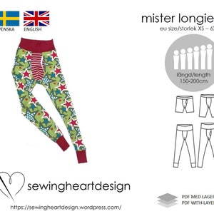 May include: A sewing pattern for longies, also known as long underwear, with a star print. The pattern includes instructions for sizes XS to 6XL and is available in both English and Swedish. The pattern is for a length of 150-200 cm.