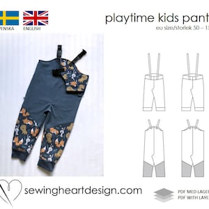 May include: Blue denim kids' pants with suspenders and a matching bib. The pants feature a colorful animal print on the knees and cuffs. The text "playtime kids pants" and "eu size/storlek 50-158" are visible.