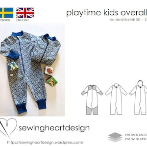 May include: A blue and white patterned kids' overall with a zipper closure, blue cuffs, and a blue collar. The text "playtime kids overalls" is displayed above the overall. The image also includes the text "sewingheartdesign".