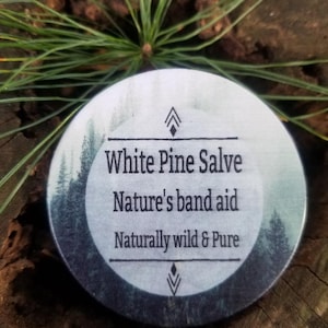 May include: A white round container with a black lid and a forest scene design. The label reads "White Pine Salve, Nature's band aid, Naturally wild & Pure".