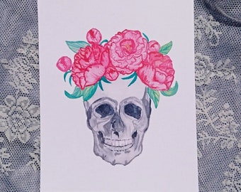 Skull with Floral Crown, Watercolour Print, Art Print, Skull, Peonies, Watercolor Print