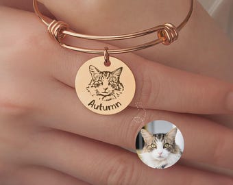 Pulsera con caras de gato, brazalete conmemorativo personalizado para gatos, joyería grabada con nombre de gato, regalo para recordar a una mascota fallecida