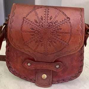 Original 1970s Hand TOOLED, Handmade Leather HANDBAG - Engraved MANDALA Design, Plaited Strap