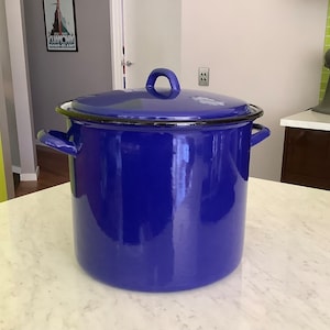 Retro BLUE ENAMEL Saucepan - Large STOCKPOT Size - Vintage Mid Century Kitchenware