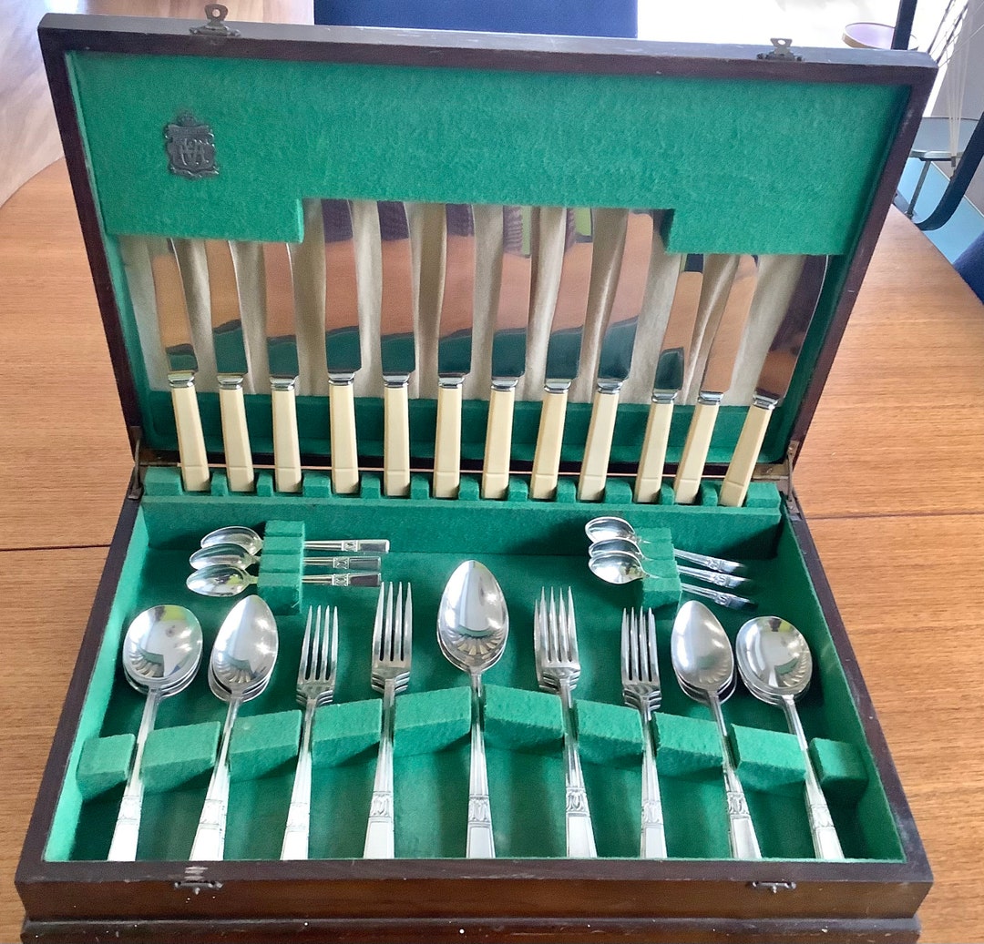 Vintage VINER & HALL CUTLERY Box E P Silver Faux Bone Knives Sheffield