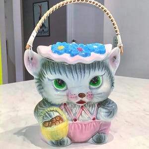 Tarro de galletas Miss Kitty, cerámica kitsch original de los años 60.