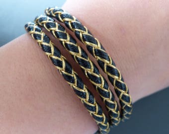Navy leather bracelet black & gold