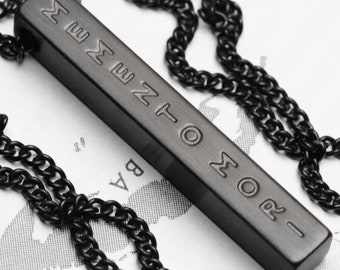 Memento Mori Amor Fati Engraved Pendant Bar Necklace Black