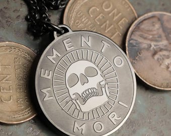 Memento Mori Tempus Fugit Engraved Stoic Pendant Necklace Black