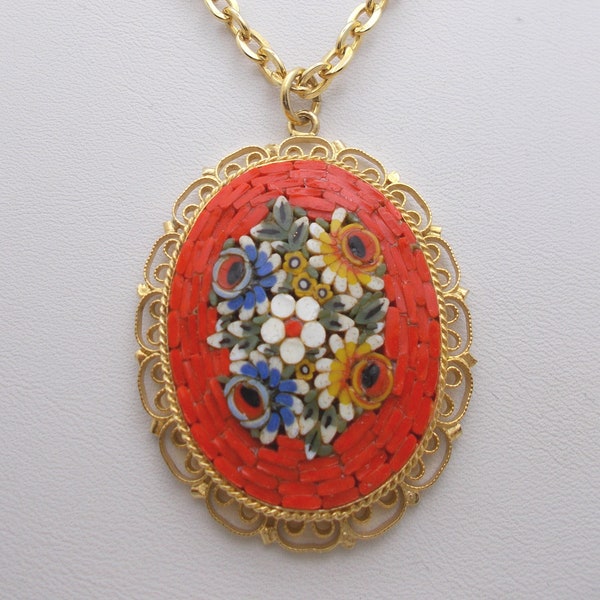 Vintage Necklace Italian Micromosaic Red Floral Pendant & Chain