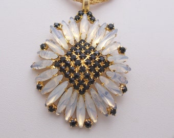 Vintage Necklace Opalescent Rhinestone Navette Flower Pendant, Chain