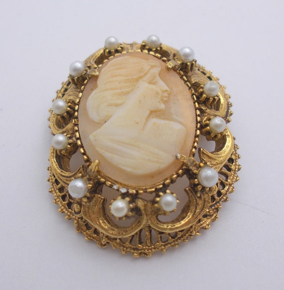 Vintage Florenza Brooch/Pendant Carved Cameo With… - image 4