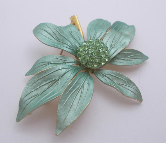 Vintage Brooch Green Enamel & Rhinestone Flower - image 6