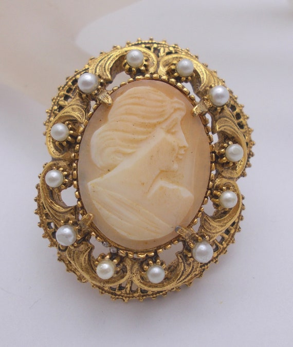 Vintage Florenza Brooch/Pendant Carved Cameo With… - image 5