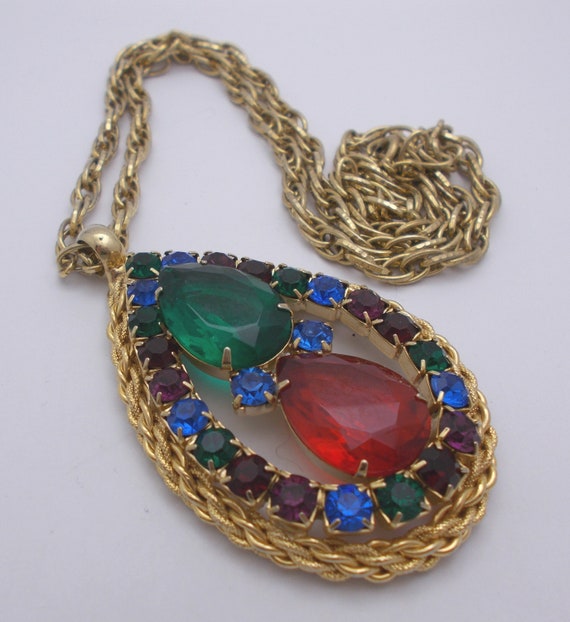 Vintage Necklace Large Bold Multi-Colored Rhinest… - image 1