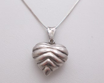 Vintage Puffed Heart Pendant & Chain Sterling Silver - 18"