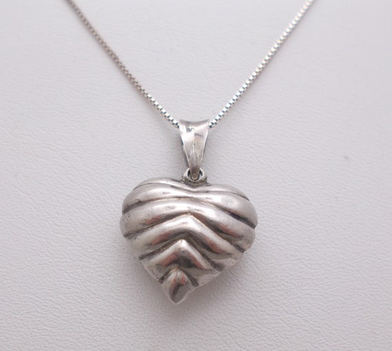 Vintage Puffed Heart Pendant & Chain Sterling Sil… - image 1