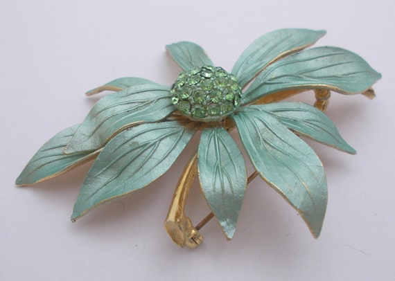 Vintage Brooch Green Enamel & Rhinestone Flower - image 3