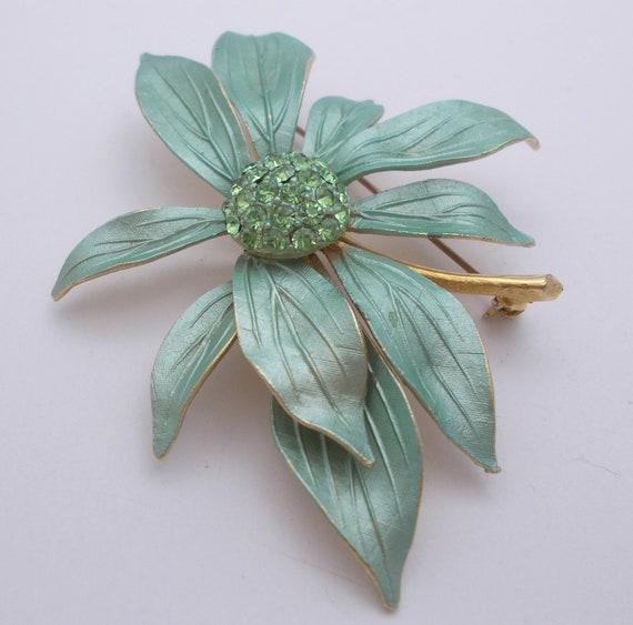 Vintage Brooch Green Enamel & Rhinestone Flower - image 5