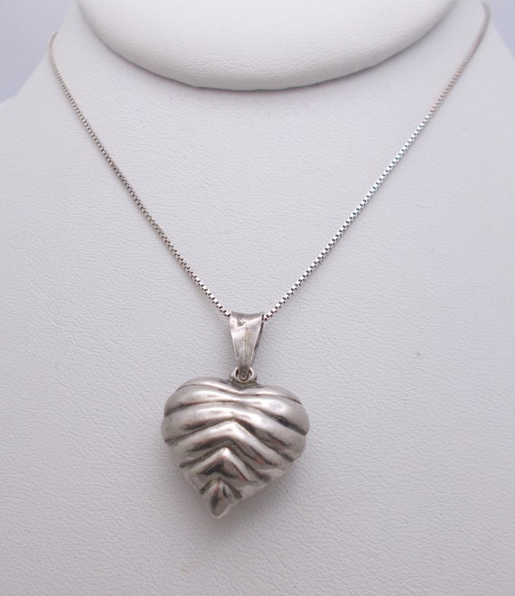 Vintage Puffed Heart Pendant & Chain Sterling Sil… - image 6