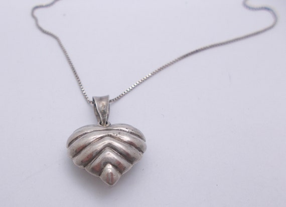 Vintage Puffed Heart Pendant & Chain Sterling Sil… - image 3