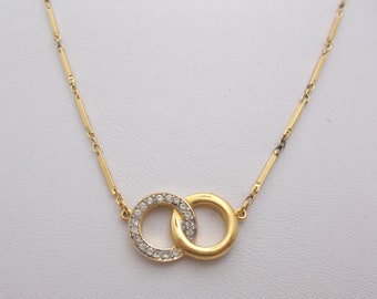 Vintage Crown Trifari Necklace Double Circle Rhinestones - 14.5"