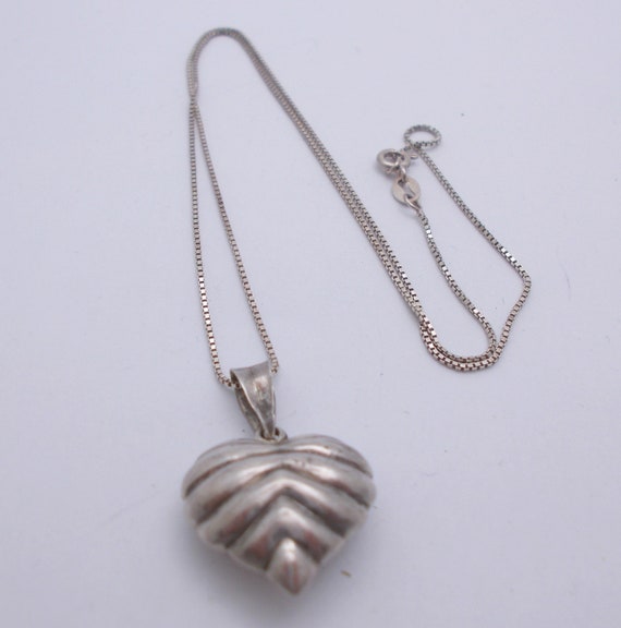 Vintage Puffed Heart Pendant & Chain Sterling Sil… - image 2